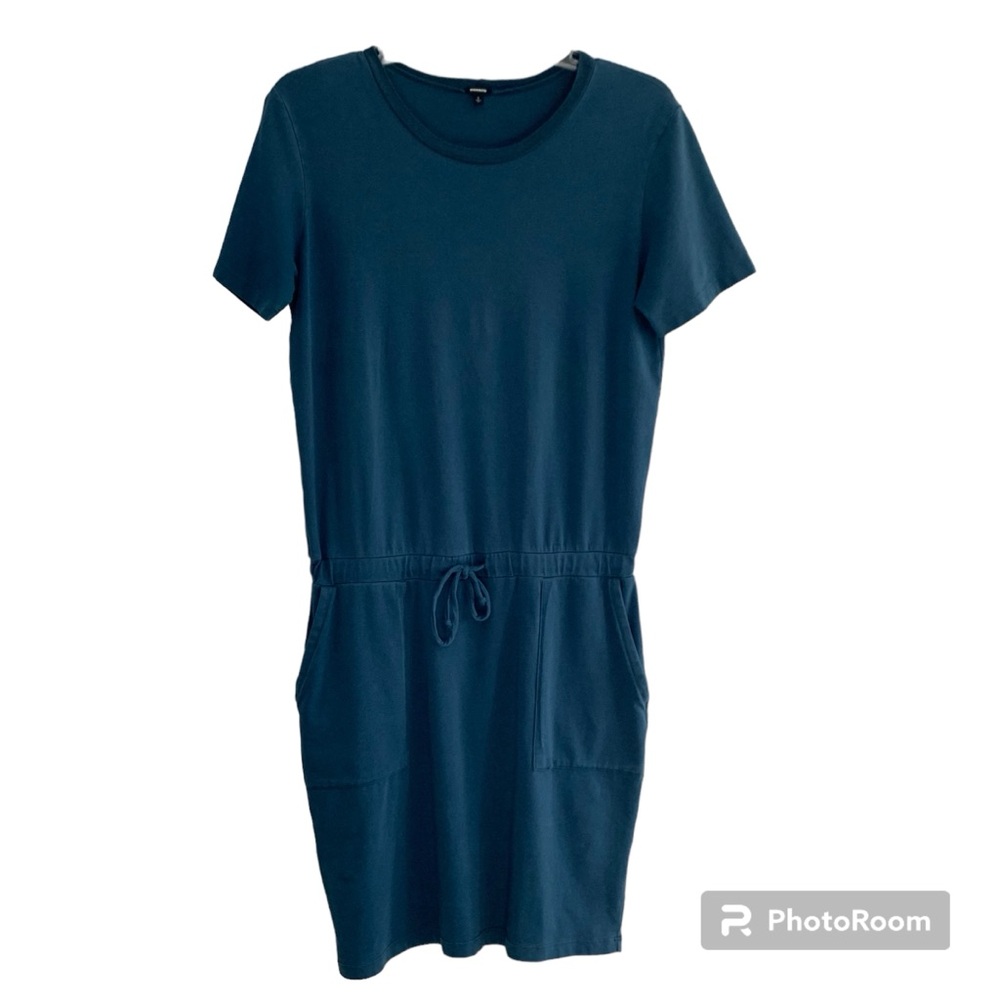 Monrow Short Sleeve Drawstring Dropped Waist Dress with Pockets Dark Teal size S